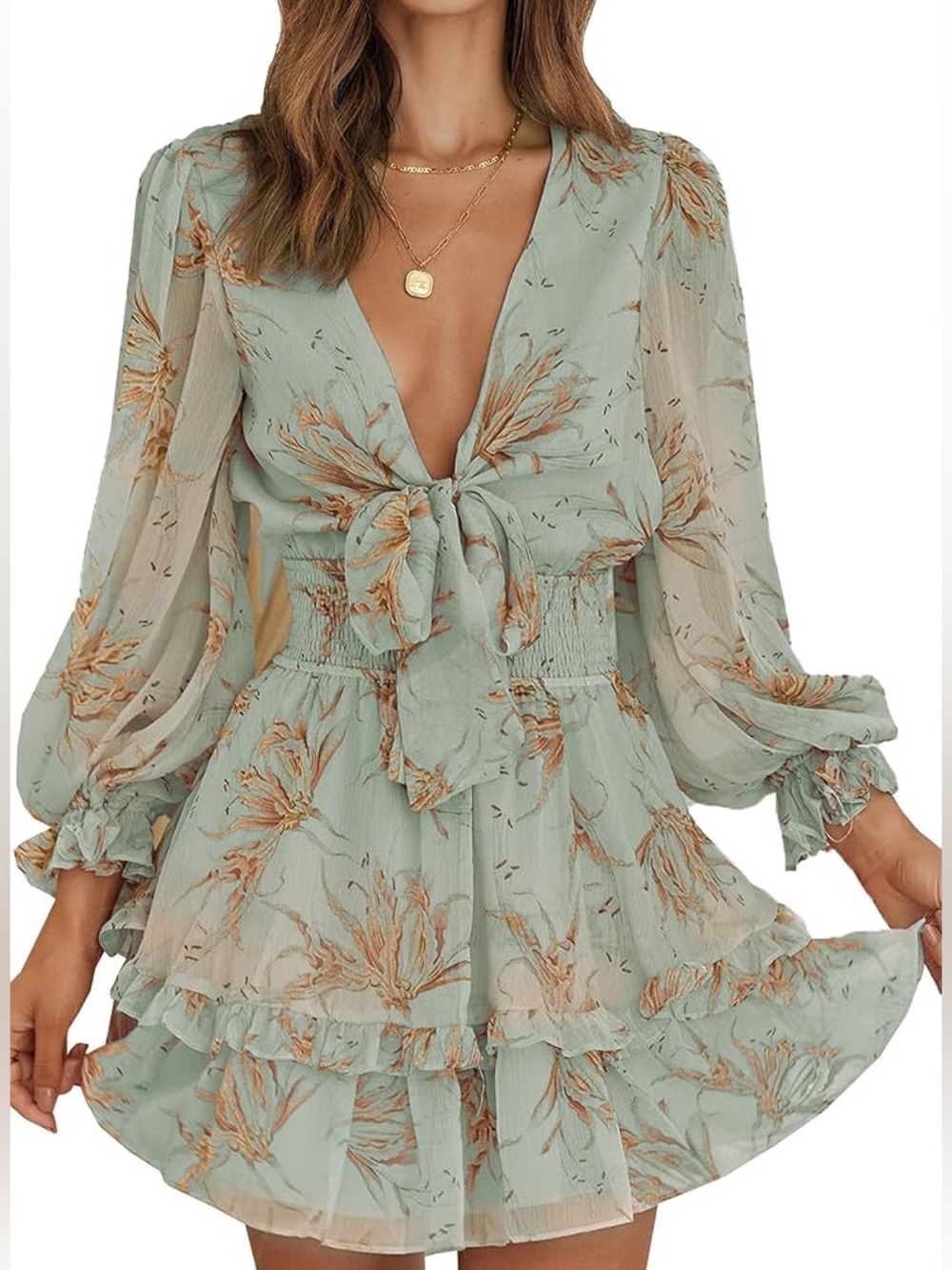 Hello Molly Dress Size 4 Deep V Teal Floral Mini Length Sheer Sleeves And Back